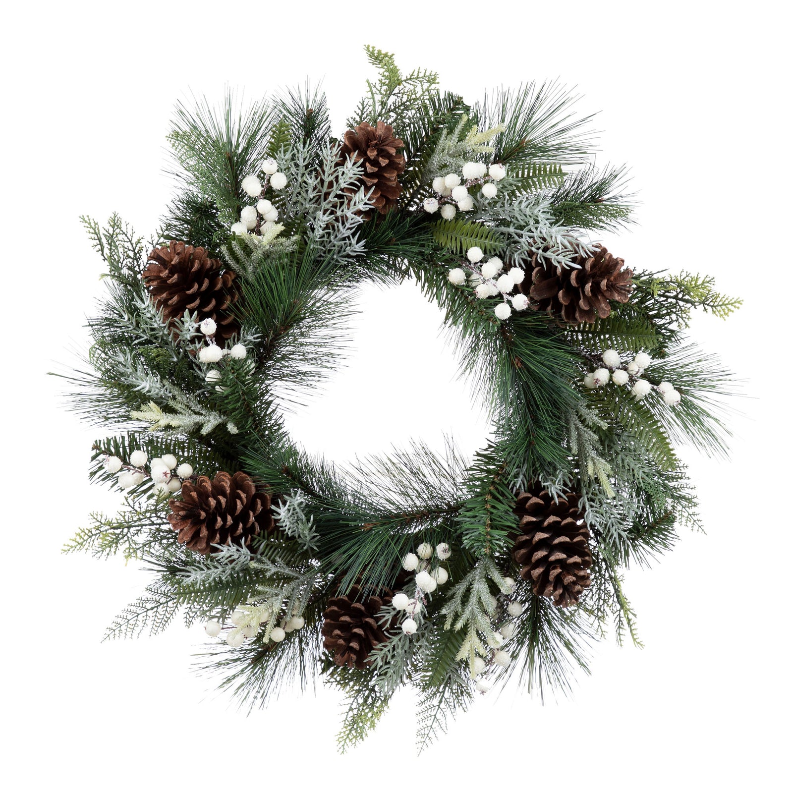 Couronne de pin mixe décorée avec baies blanches en mousses et pommes de pin, 24"