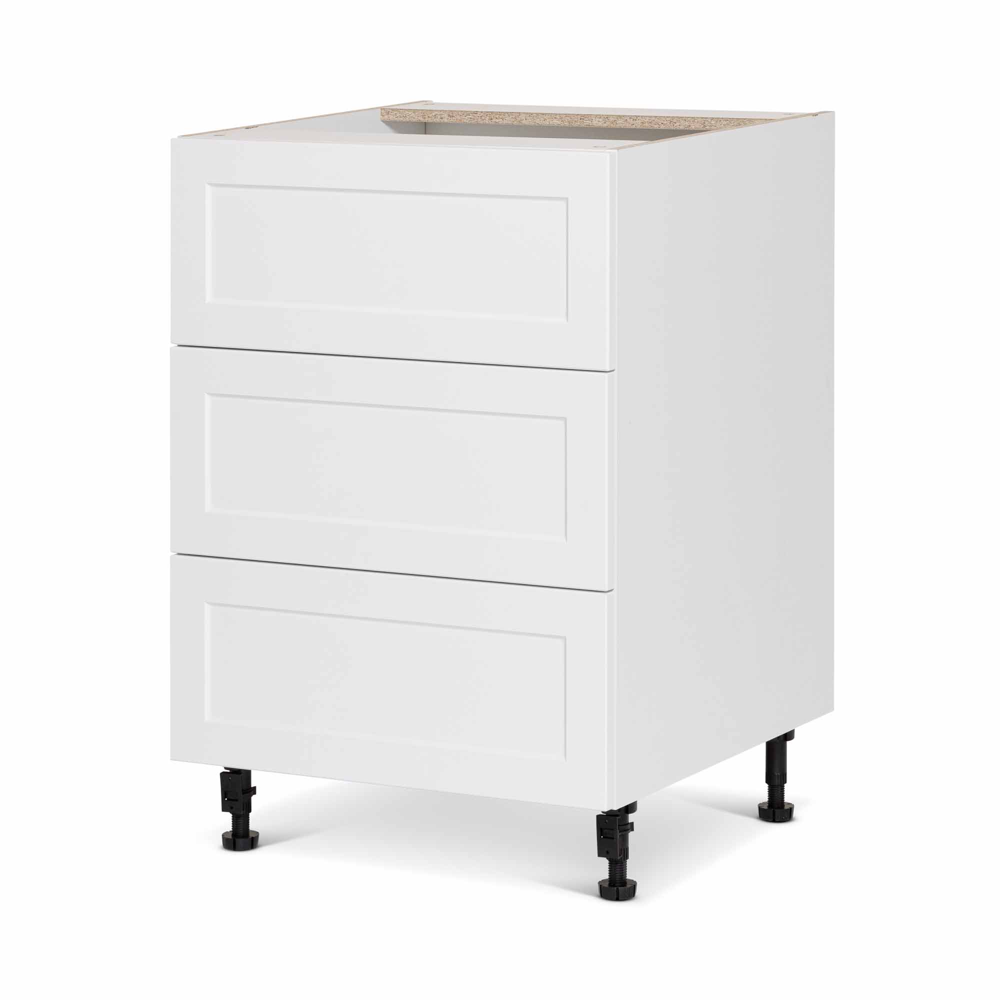 Module de bas d'armoire de cuisine de style Shaker en mélamine blanche avec 3 tiroirs, 24"