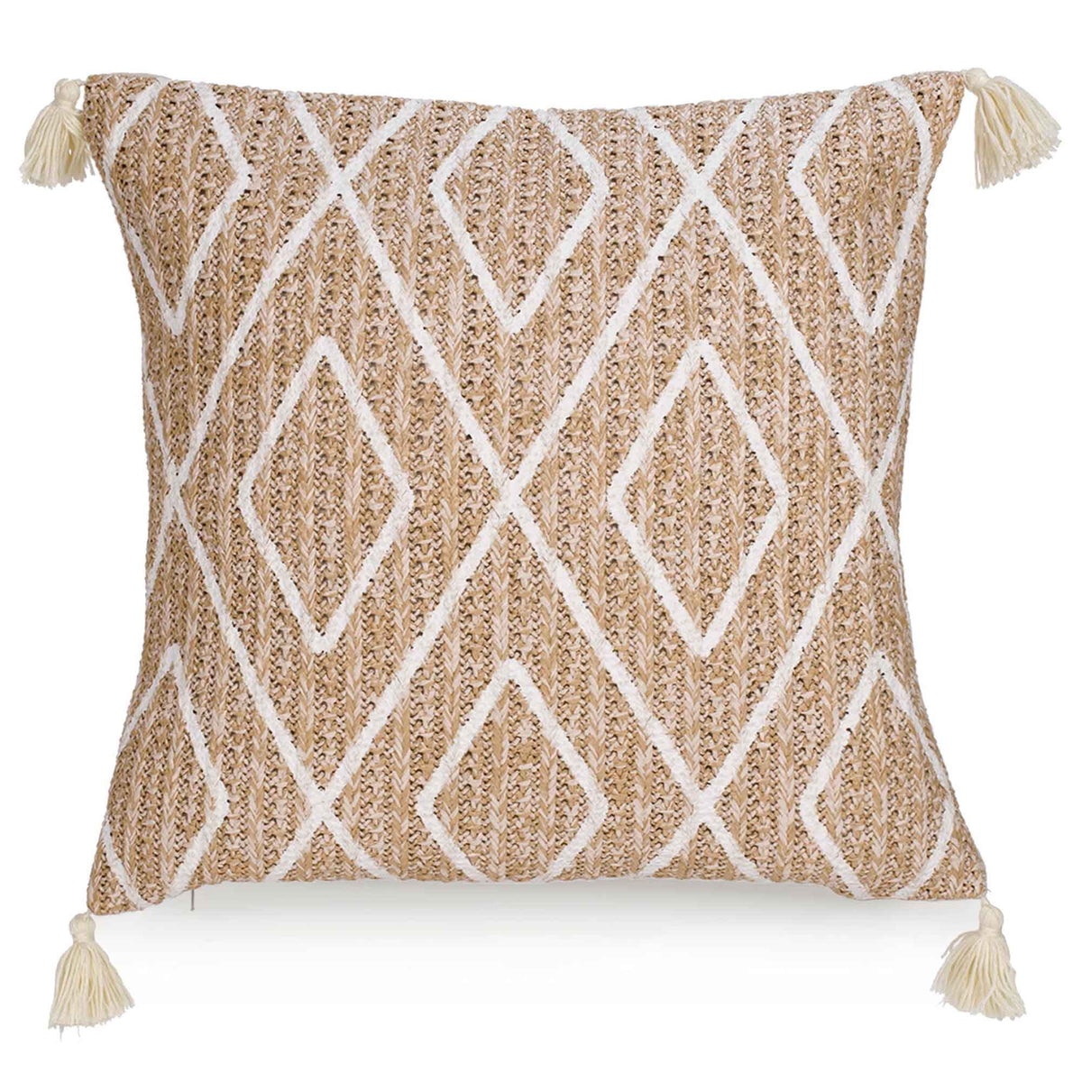 Coussin naturel avec motif de losanges blanc, 15&quot; x 15&quot;