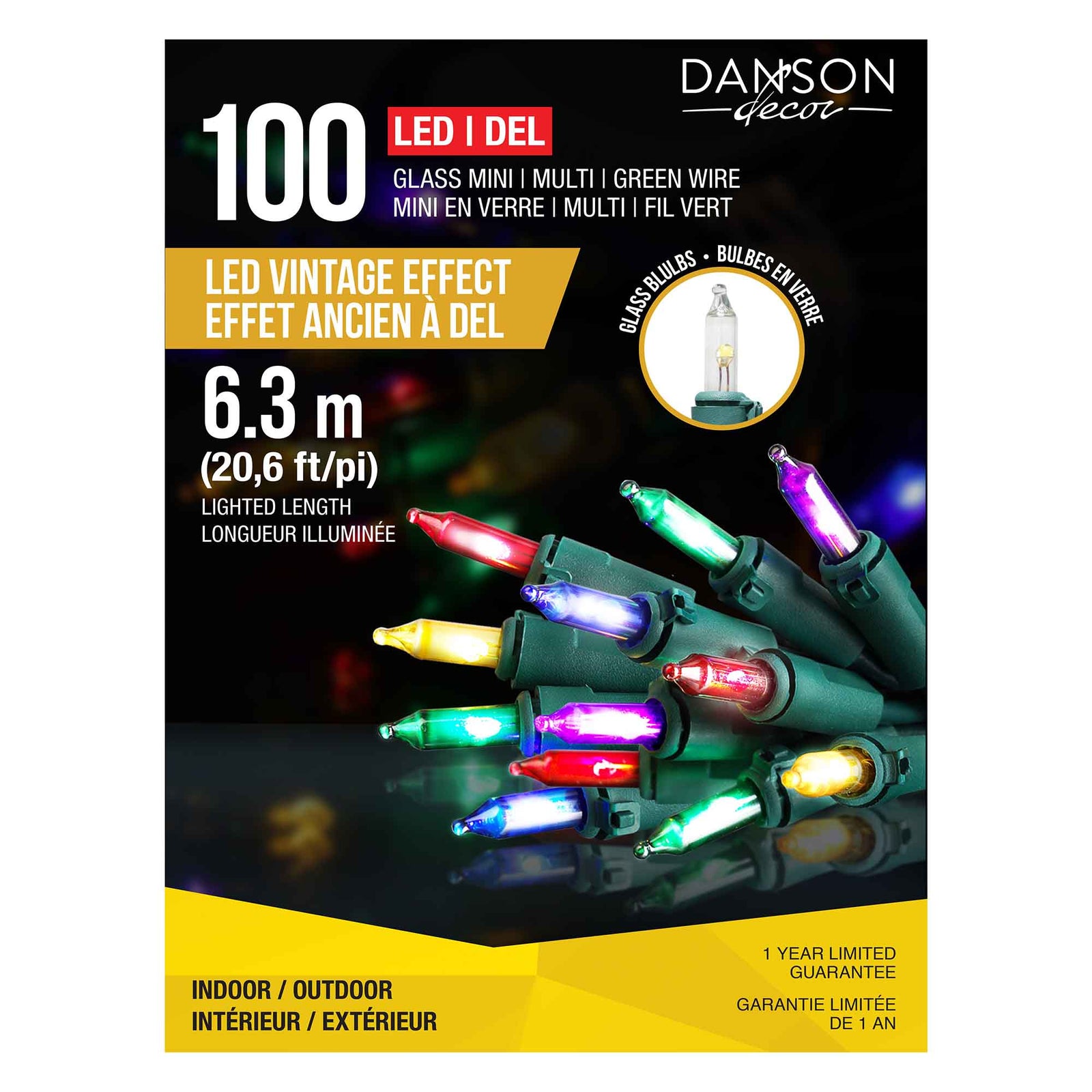 Jeu de 100 mini lumières DEL en verre à effet ancien de 20,6' (6,3 m), multicolore