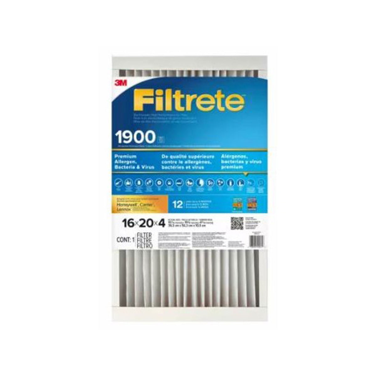 Filtre à air haute performance MPR 1900 Premium contre les allergènes, les bactéries et les virus UA00-4-1P-2EC, 16" x 20" x 4"