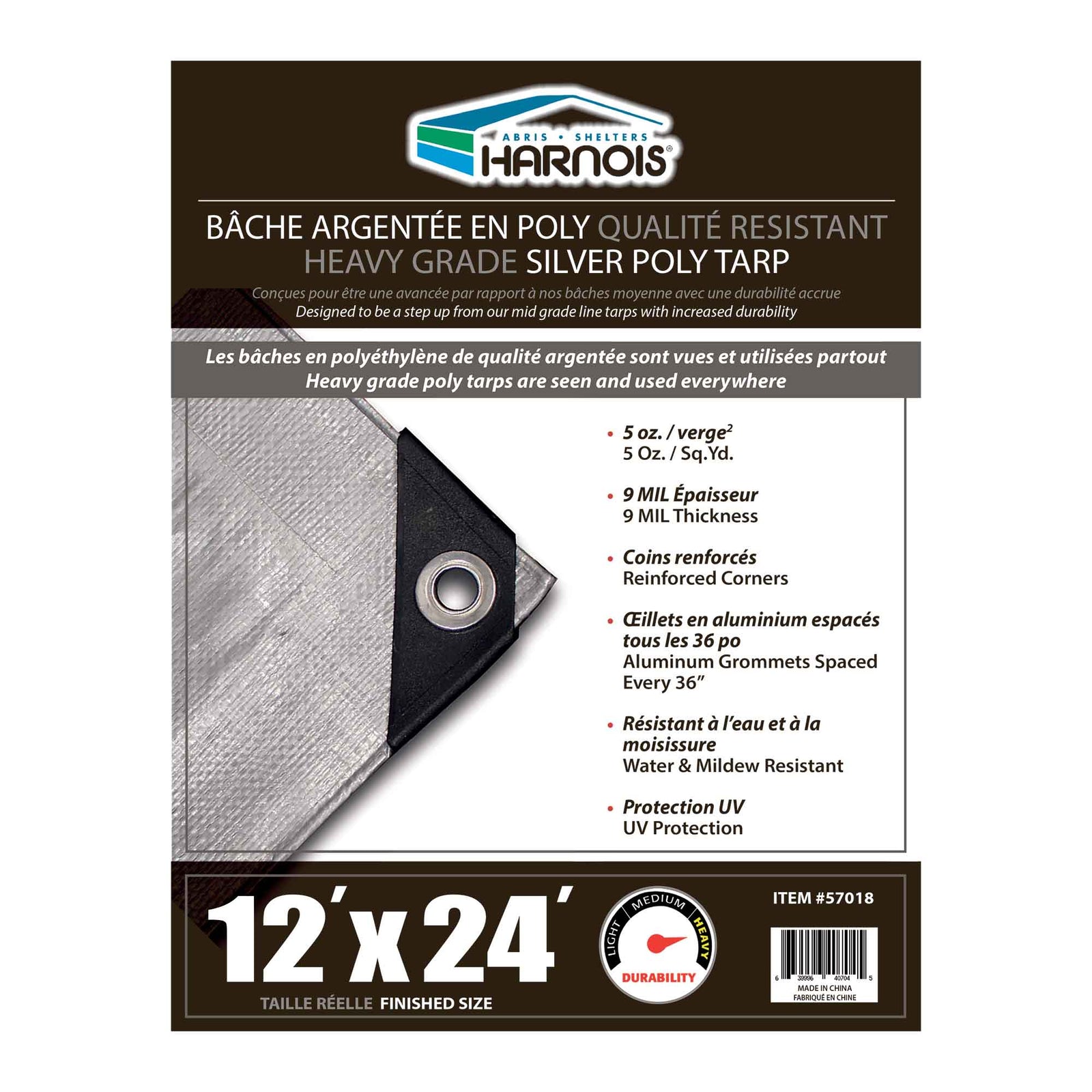 Bâche en polyéthylène argenté de qualité robuste, 12' x 24'