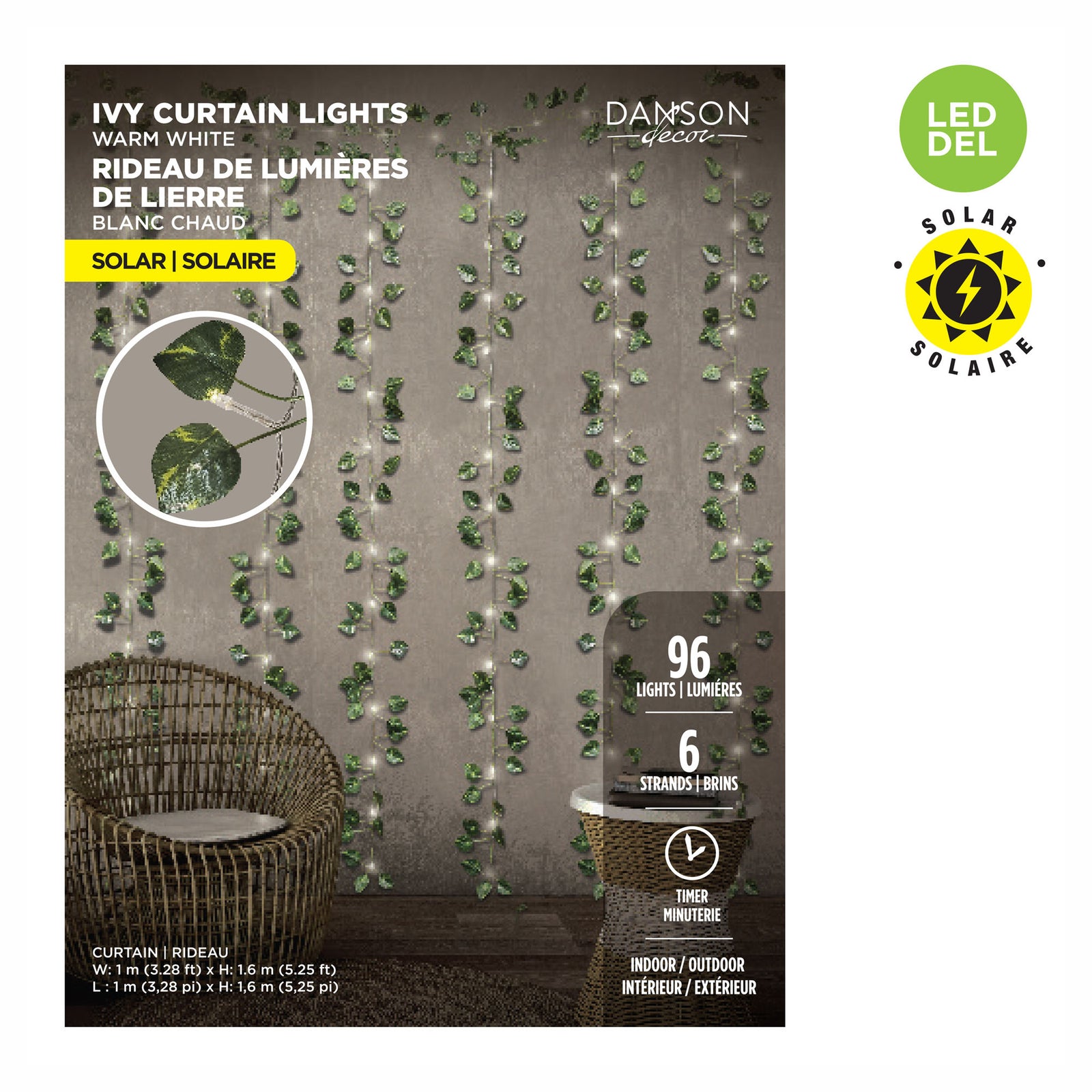 Rideau de feuilles de lierre à 96 microlumières DEL avec minuterie, blanc chaud
