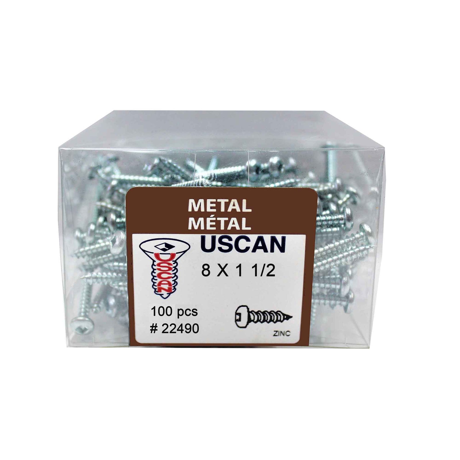 Vis à tête ronde plaquée zinc pour métal, #8 x 1-1/2" (100 unités)