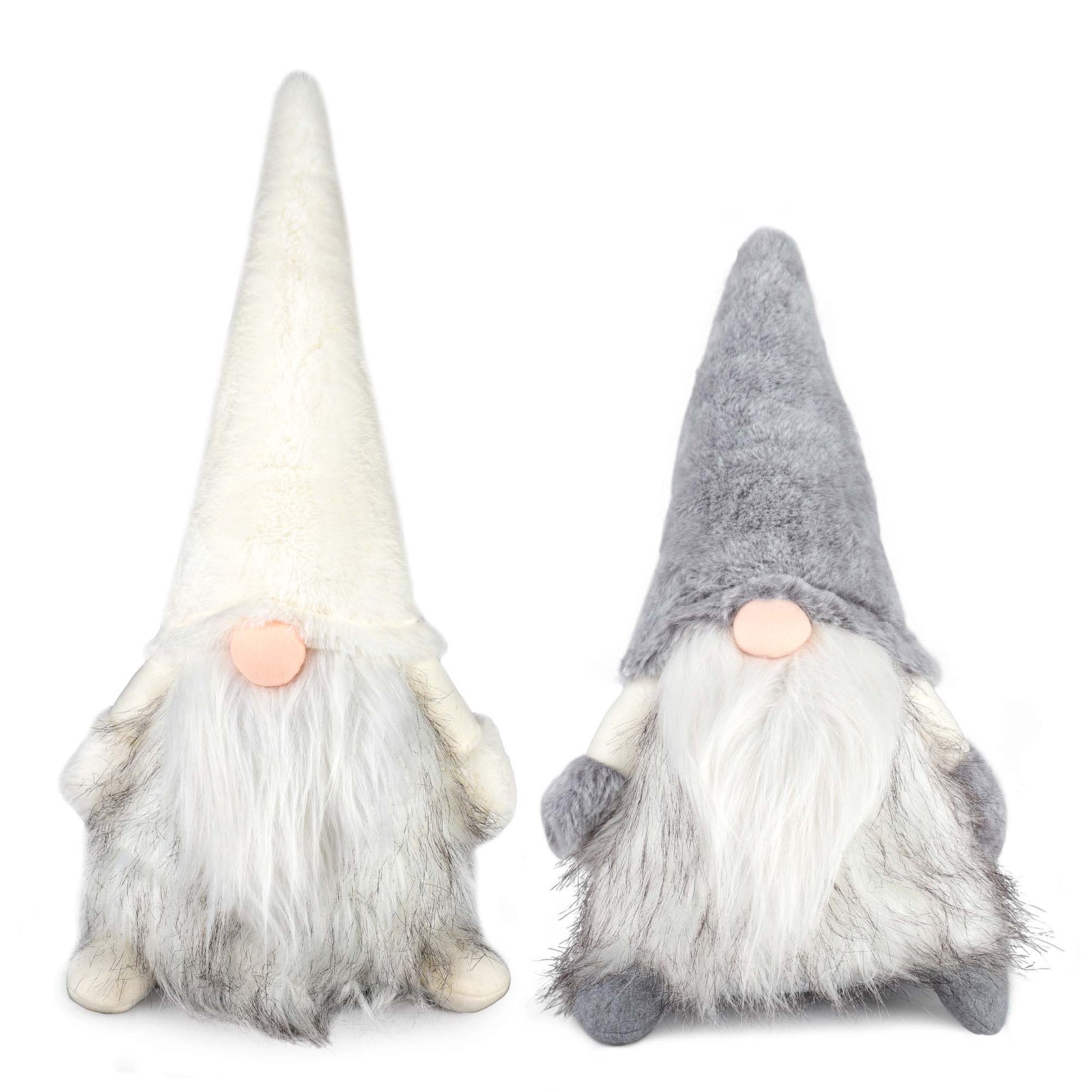 Gnome père Noël de 45 cm en position assise et en tissu avec barbe, chapeau et corps en fourrure, choix de 2 modèles : gris ou blanc