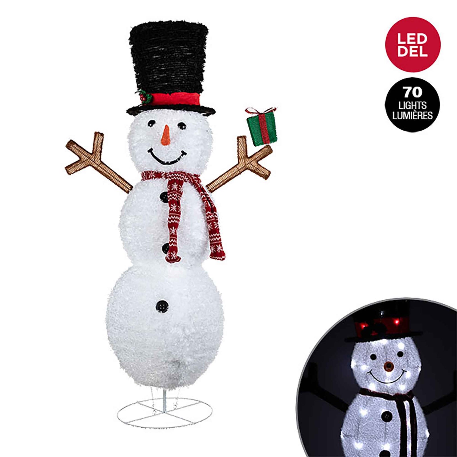 Statue bonhomme de neige à chapeau avec foulard et cadeau illuminé par 70 lumières DEL scintillantes, 52" 
