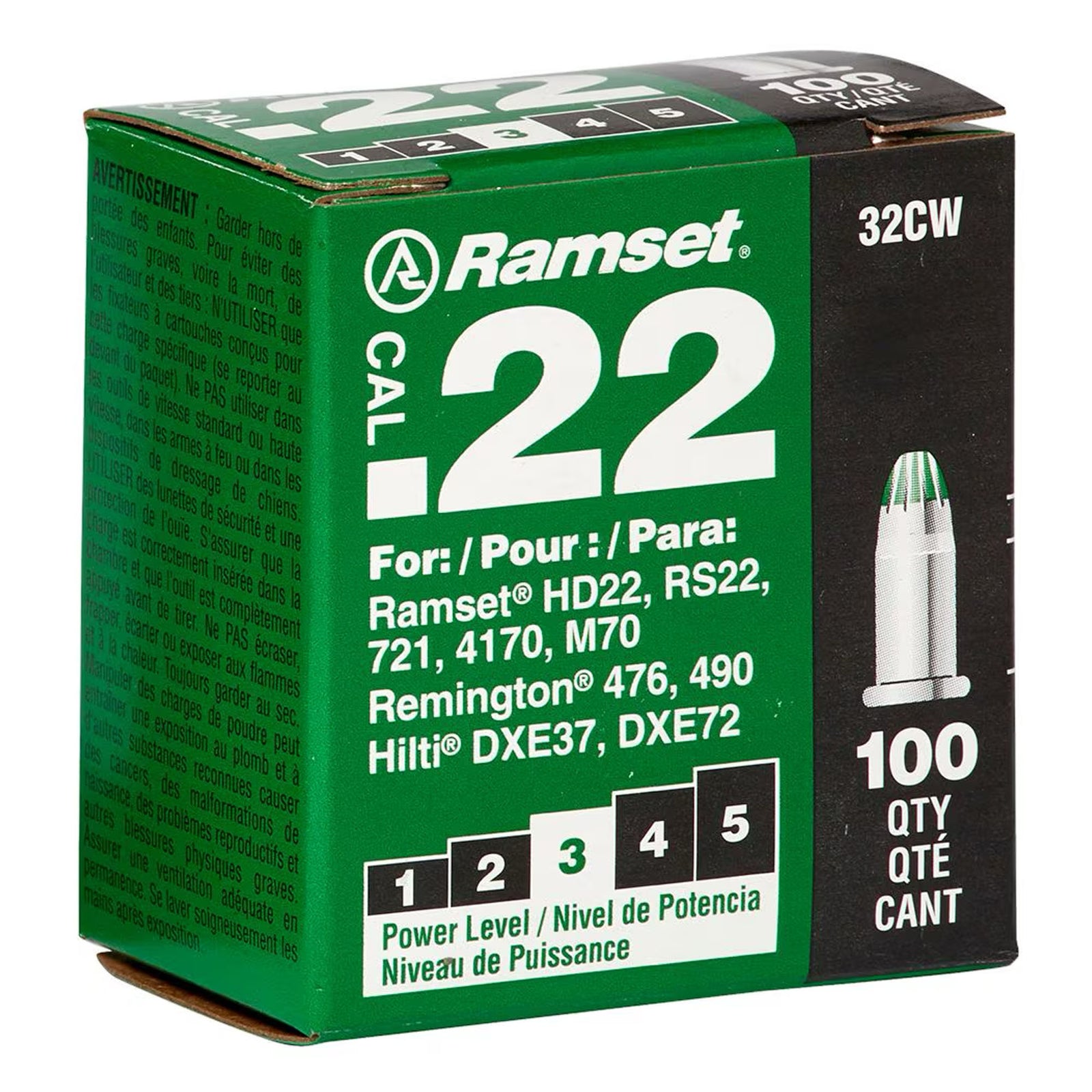 Cartouche coup simple vert calibre .22, 100 unités