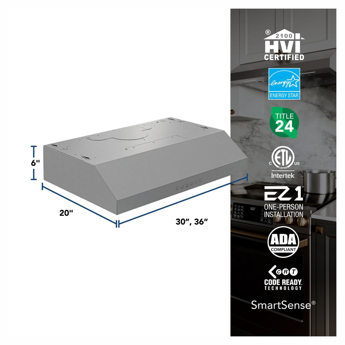 Hotte de cuisine sous-armoire Glacier de 30" avec puissance maximale de 490 pi³ / min, acier inoxydable