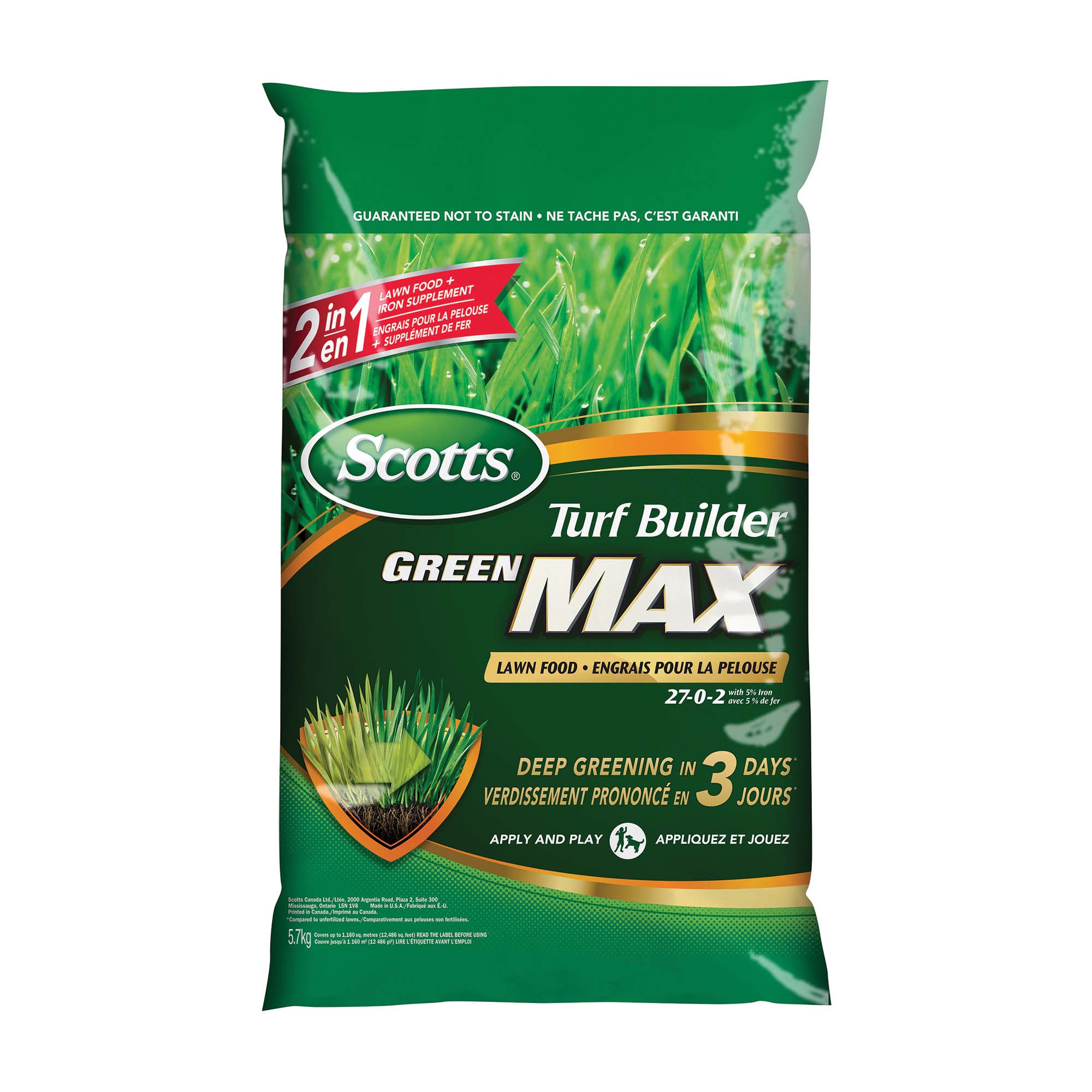 Engrais pour la pelouse Scotts Turf Builder Green Max avec 5 % de fer 27-0-2, 5,7 kg