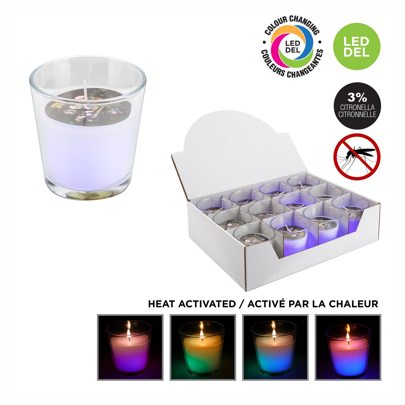 Bougie lumineuse à la citronnelle dans un pot en verre transparent, 3" (7,5 cm)