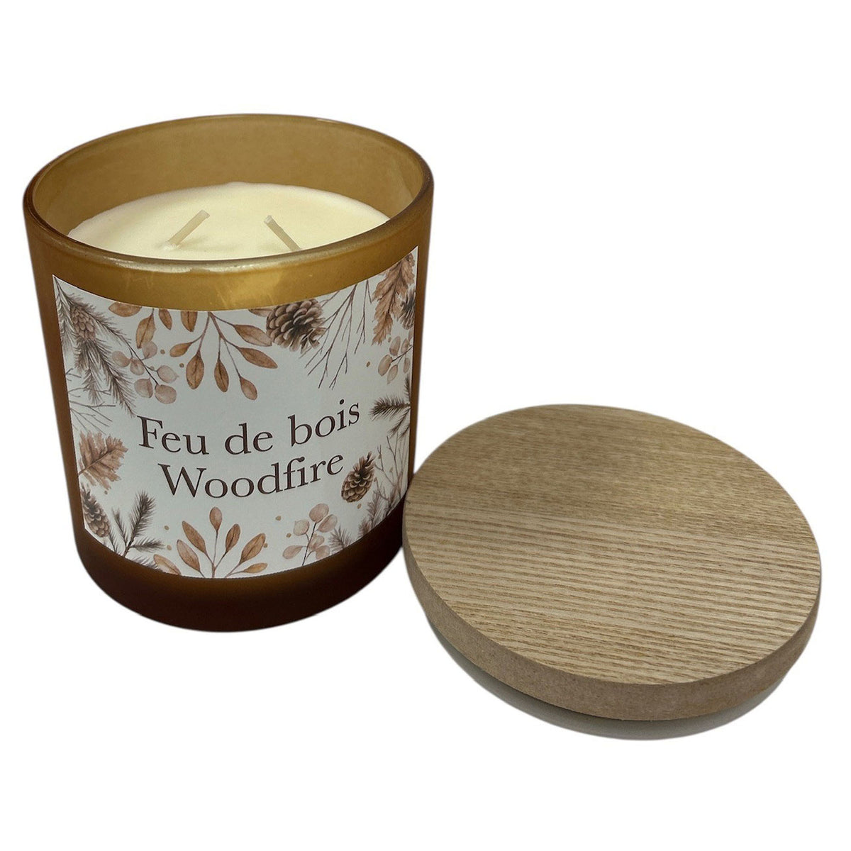 Bougie en pot en verre parfumée avec couvercle en bois, feu de bois
