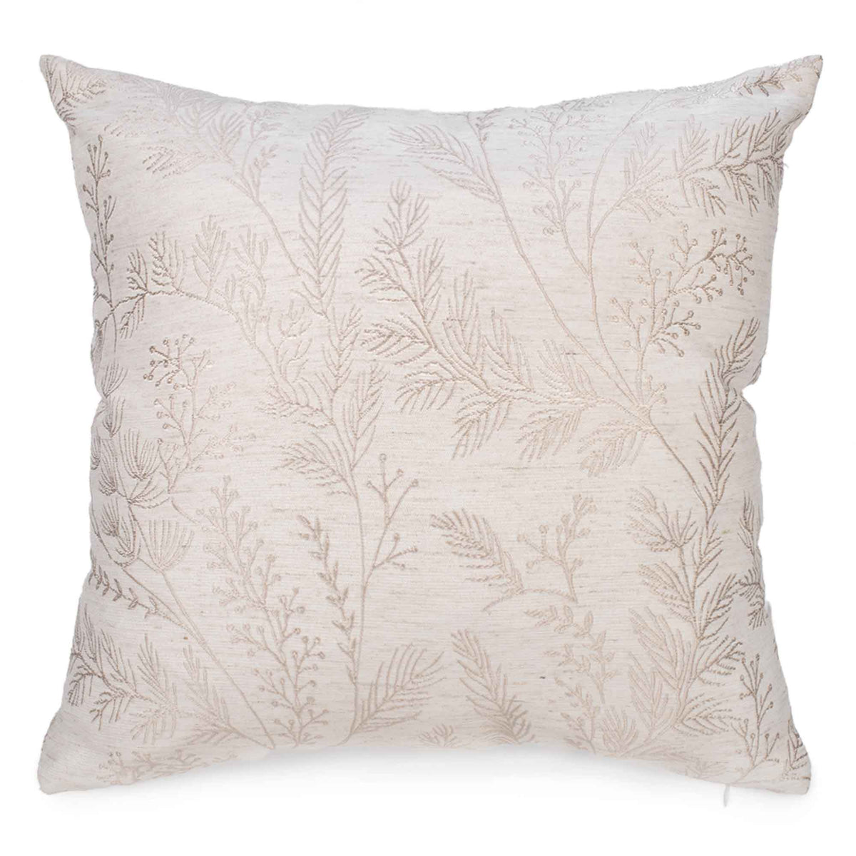 Coussin beige avec un motif de feuillage scintillant, 17&quot; x 17&quot;