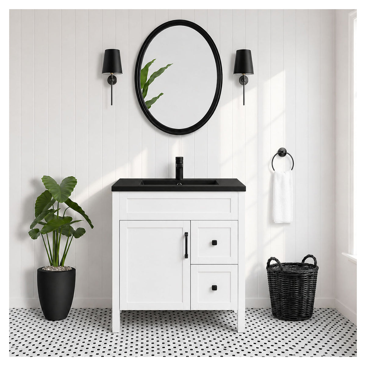 Vanité autoportante Nord en blanc mat avec lavabo Mag en noir mat, 29-3/4'' x 21-1/4'' x 34''