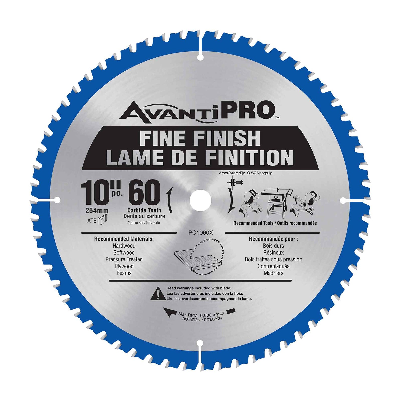 Lame circulaire de finition avec 60 dents en carbure, 10"