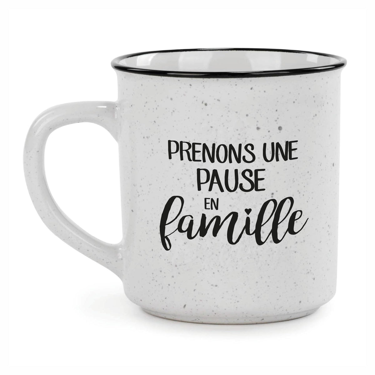 Tasse blanche avec inscription "PRENONS UNE PAUSE EN famille''
