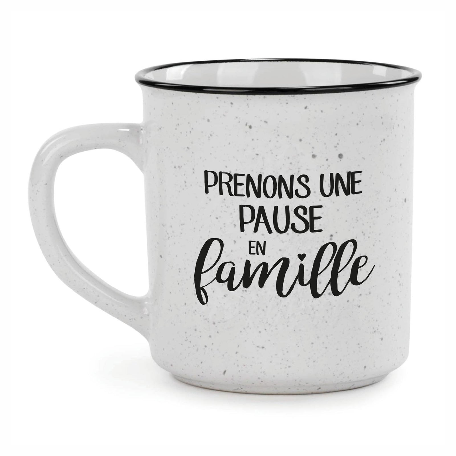 Tasse blanche avec inscription "PRENONS UNE PAUSE EN famille''