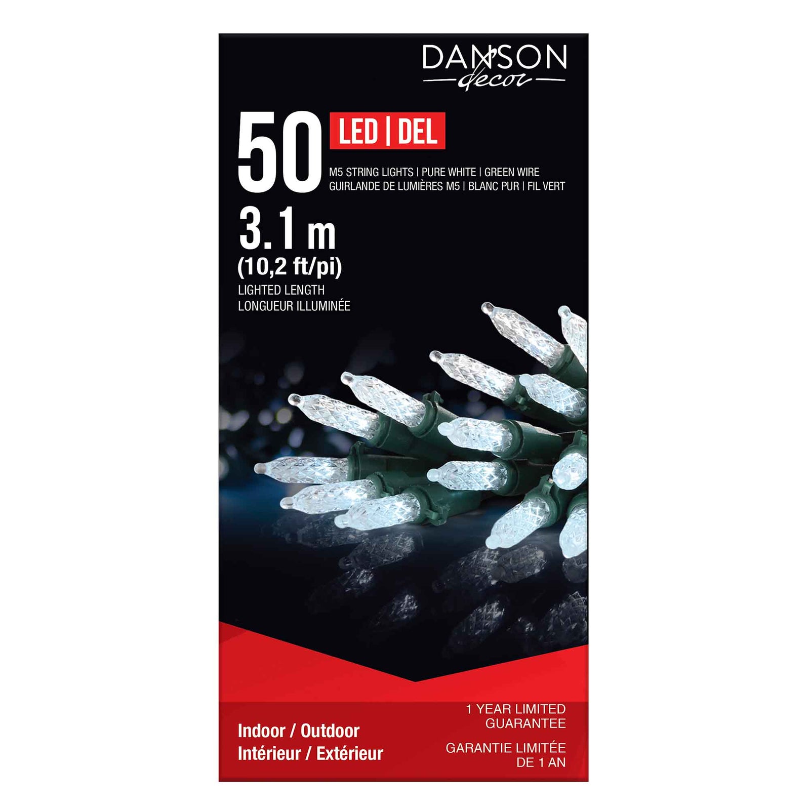 Guirlande de 50 lumières M5 DEL de 10,2' (3,1 m), blanc pur 