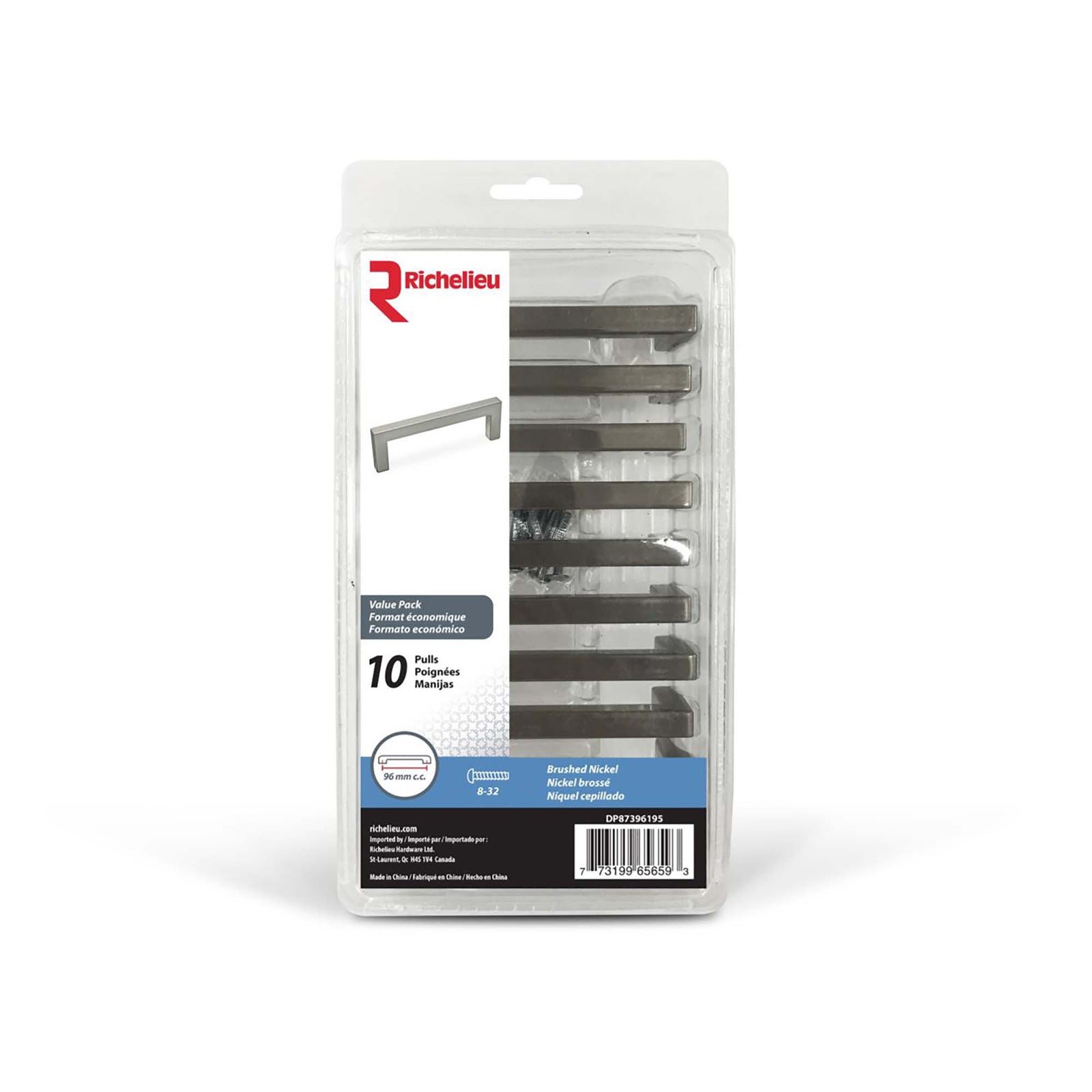 emballage de 10 poignées contemporaines # 873 en métal nickel brossé, 96 mm C/C