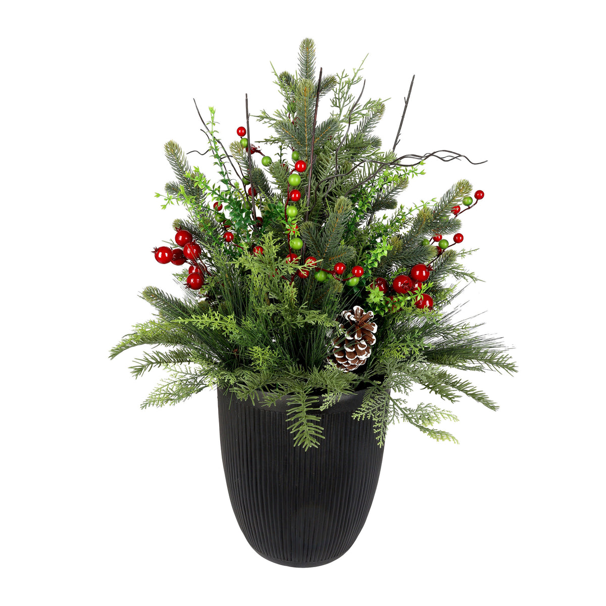 Arrangement de pin orné de baies et de pommes de pin dans un pot noir, 31''