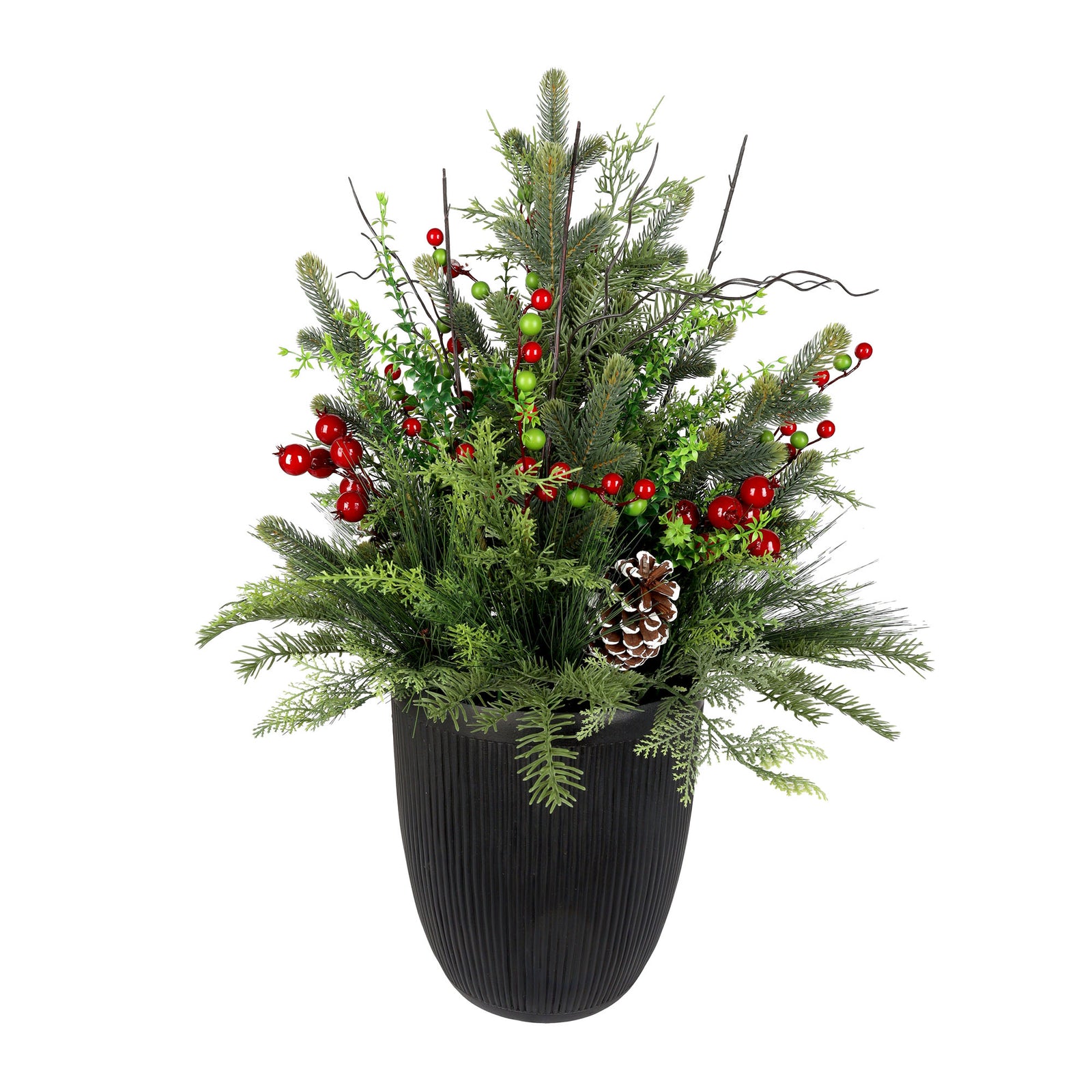 Arrangement de pin orné de baies et de pommes de pin dans un pot noir, 31''