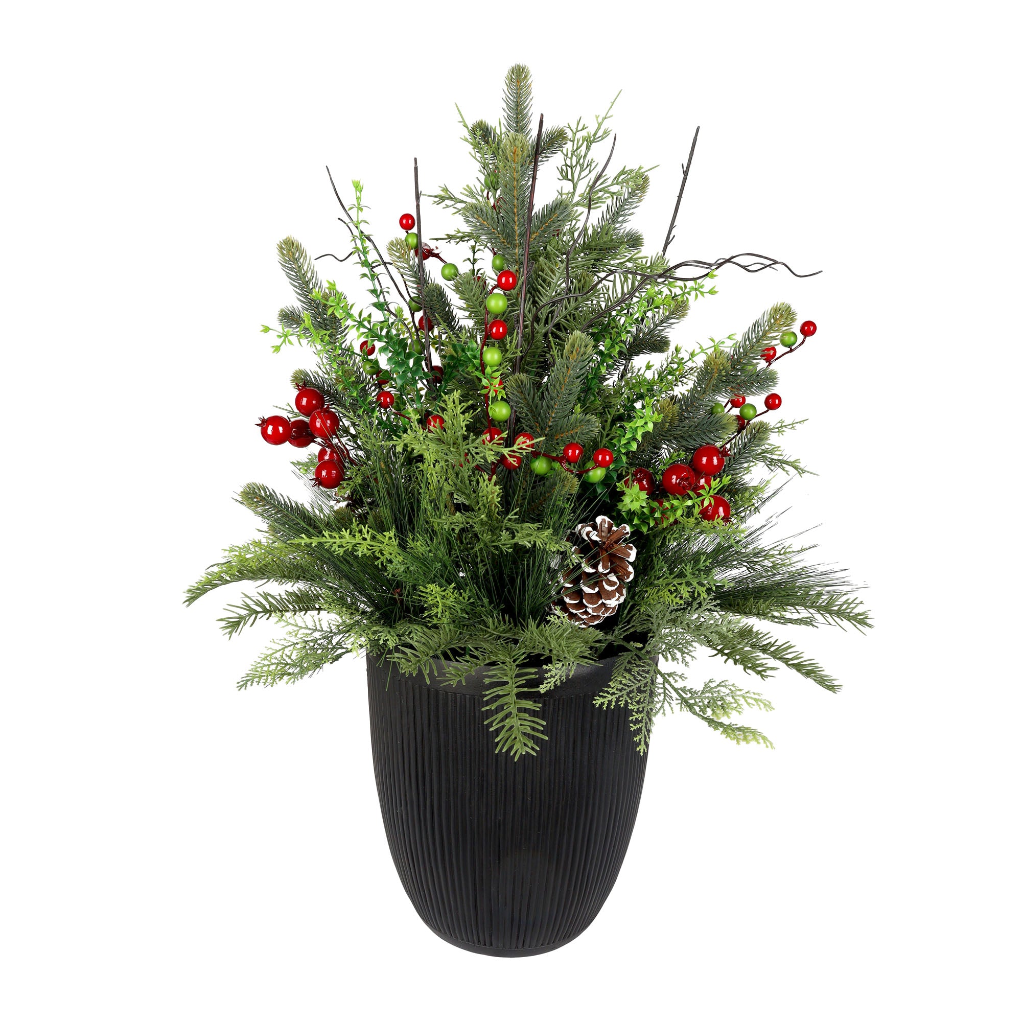 Arrangement de pin orné de baies et de pommes de pin dans un pot noir, 31''