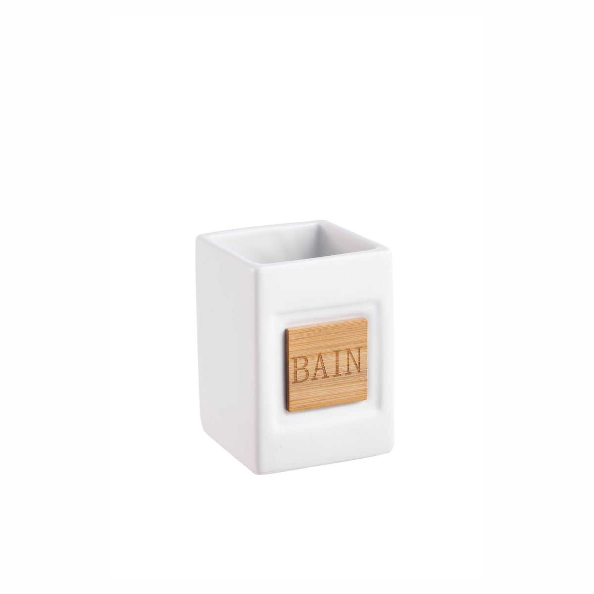 Verre en céramique avec inscription "BAIN"en bambou, blanc