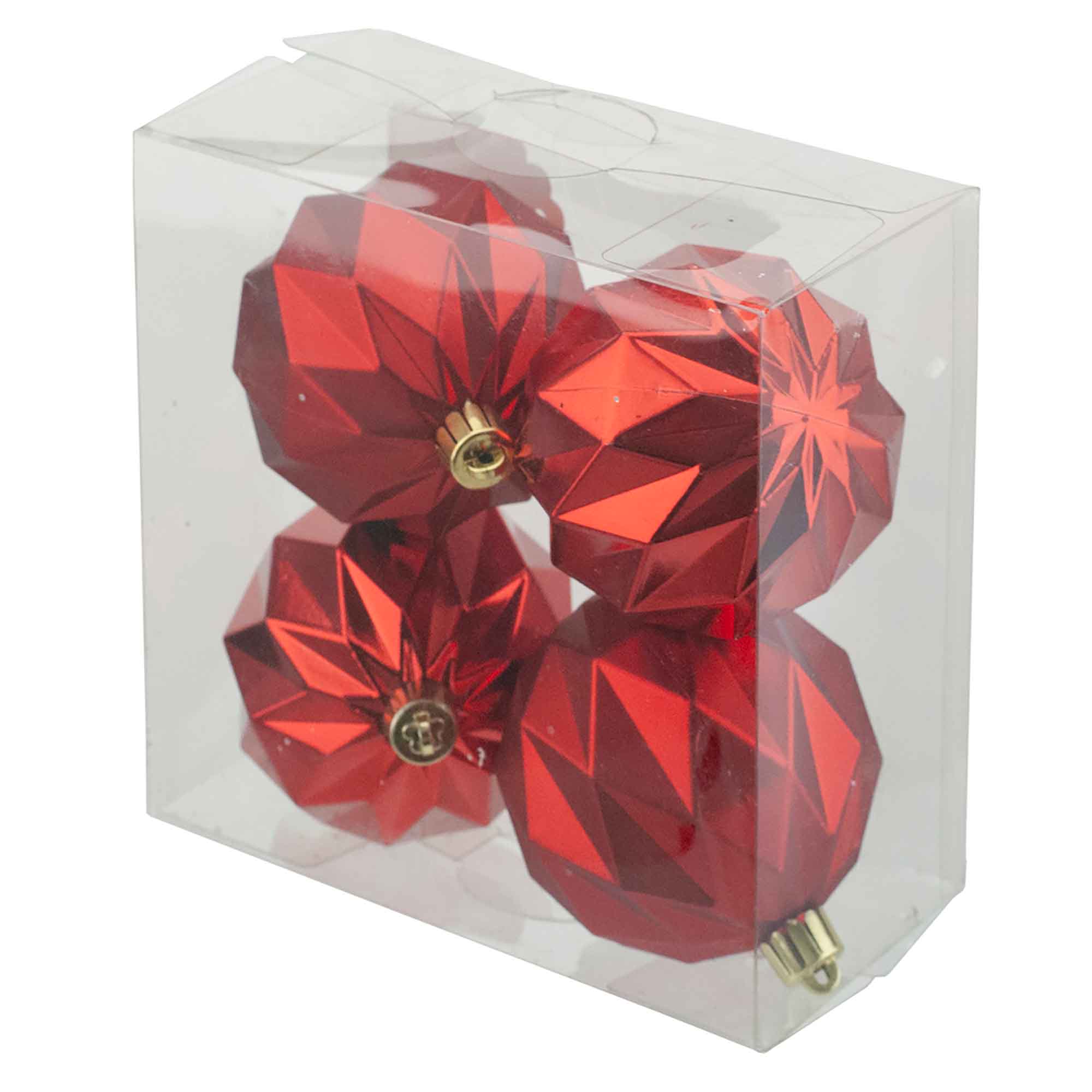 Boule de Noël en forme de diamant rouge 80 mm, 4 unités