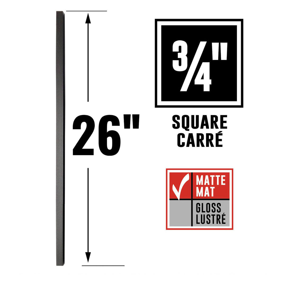 Balustres carrés avec connecteurs en acier noir mat, 26" x 3/4" (10 unités)