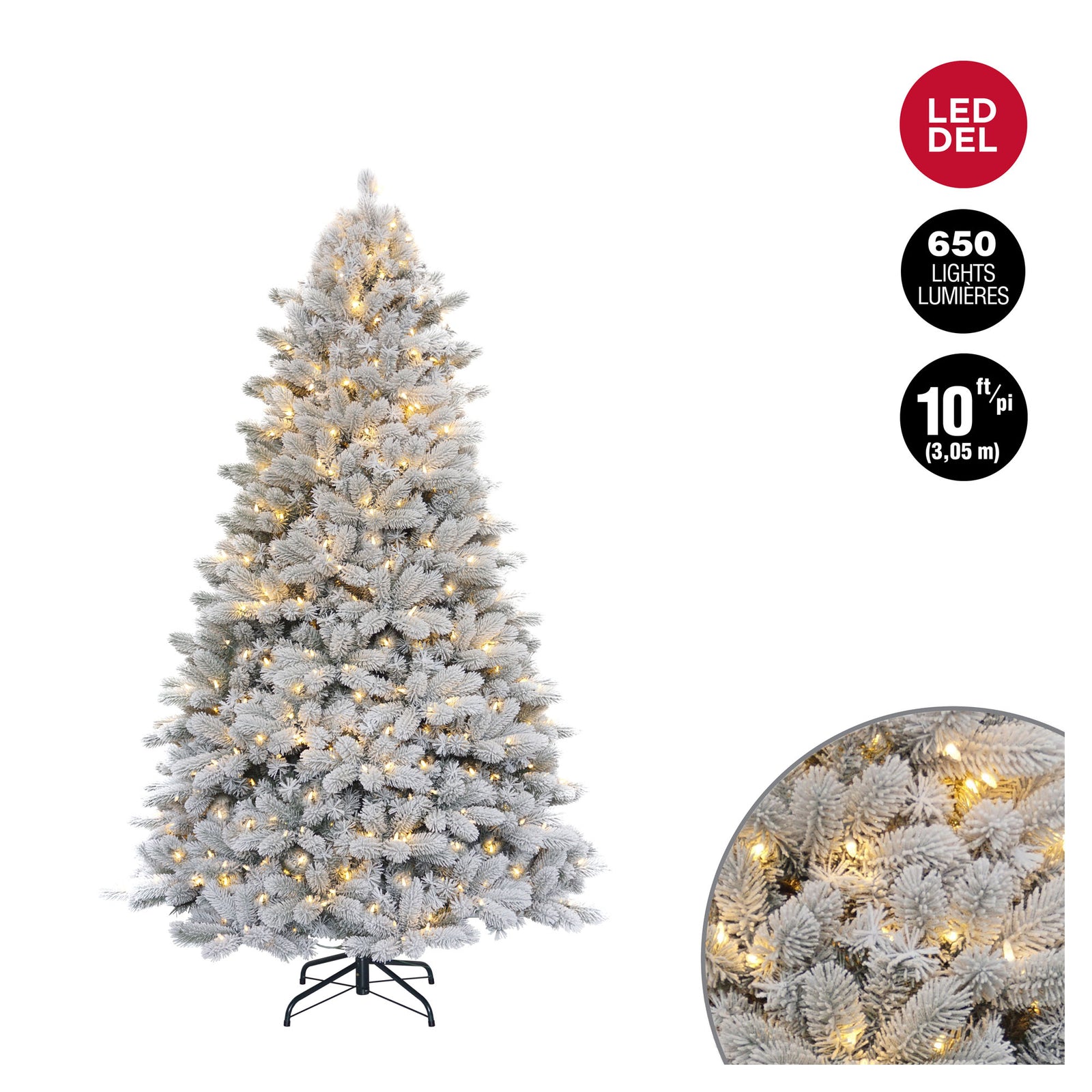 Arbre de Noël floqué de 3 183 pointes avec 650 lumières DEL blanc chaud, 10'