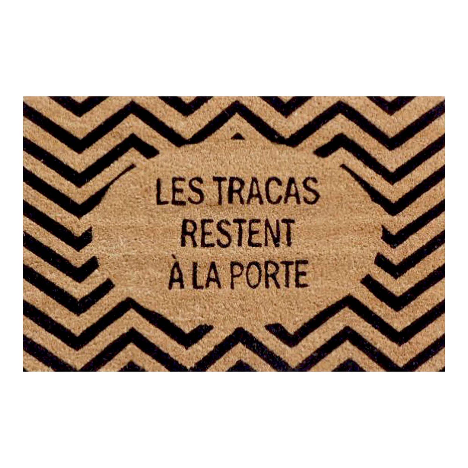 Tapis d’entrée avec petit mémo en français "LES TRACAS RESTENT À LA PORTE", 40 cm x 60 cm