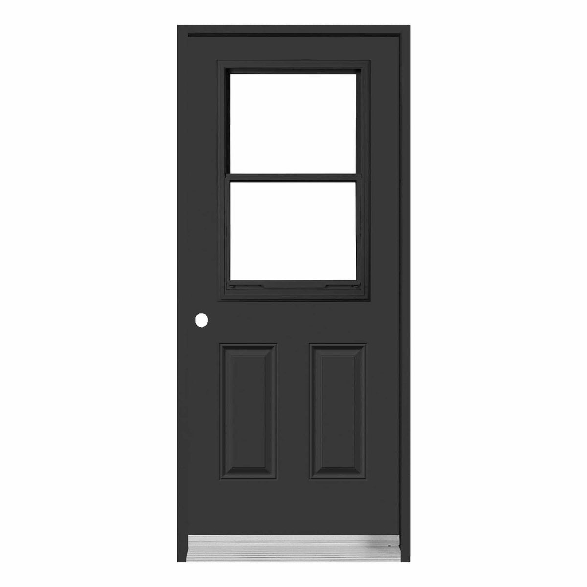 Porte blanche en acier B03 avec fenêtre à guillotine et à ouverture à droite vers l'intérieur, 34'' x 80"