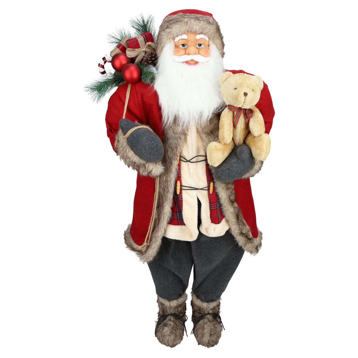 Décoration de père Noël en tissu debout avec veste rouge à fourrure, 59"