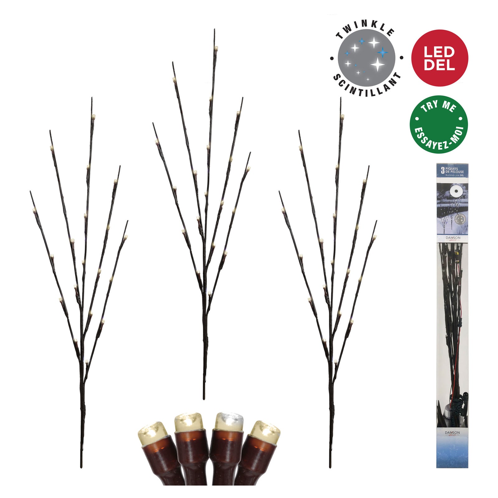 Jeu de 3 piquets avec 60 lumières DEL blanc chaud, 30"