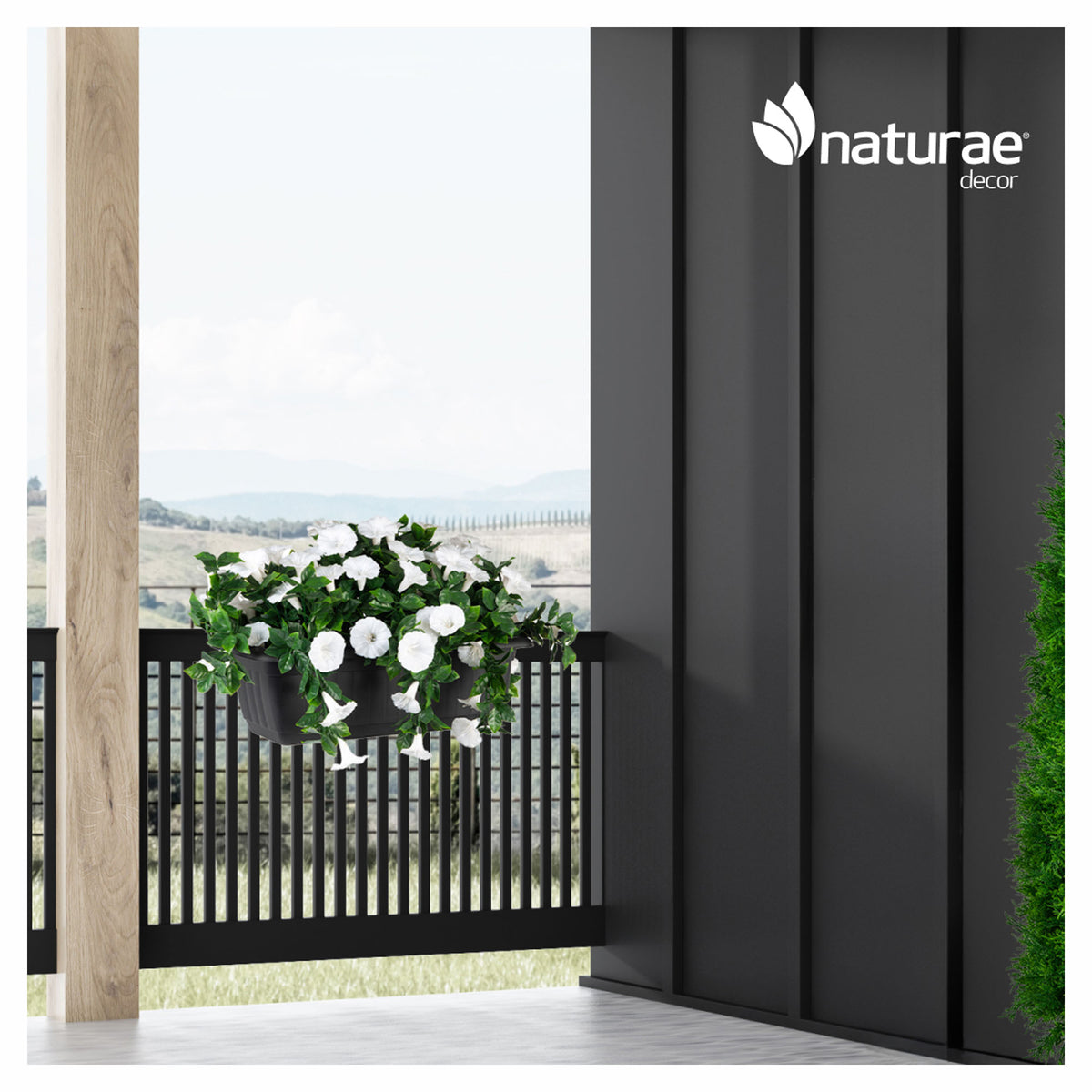 Balconnière de pétunia blanc retombant artificielle pour rampe, 21,65" x 13" x 14,17"