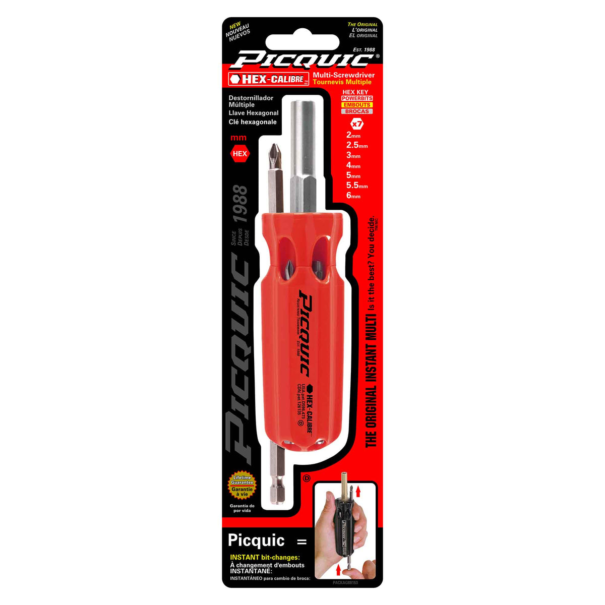 Tournevis multifonction HEX-CALIBRE HEX MM de taille standard avec embouts de 3'', 7 en 1 (rouge)