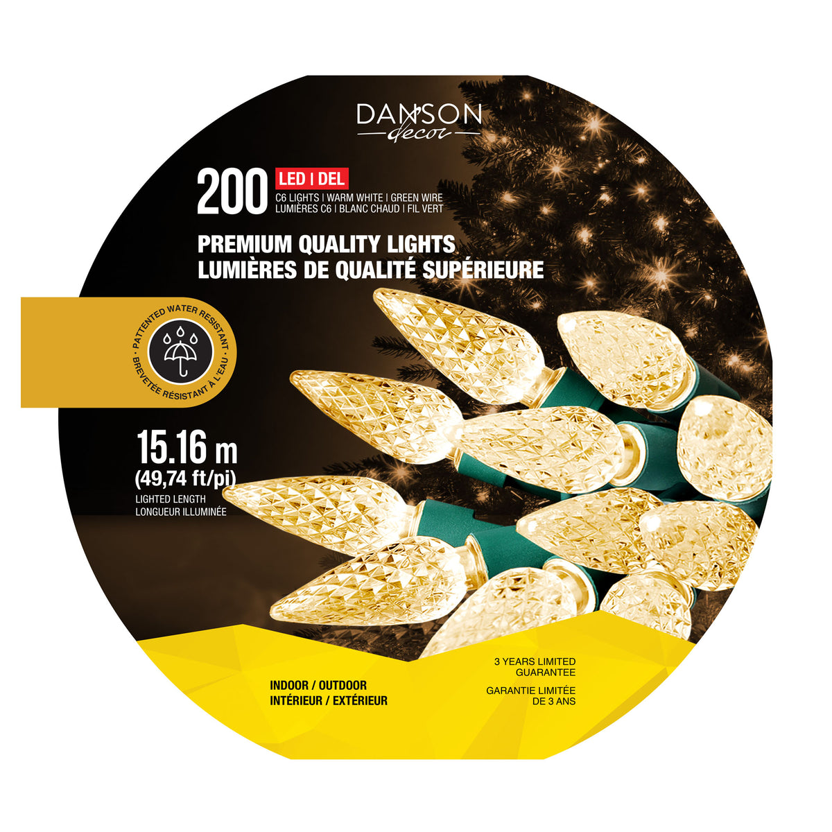 Guirlande de 200 lumières DEL à facette C6 sur fil vert de 49,74' (15,16 m), blanc chaud 