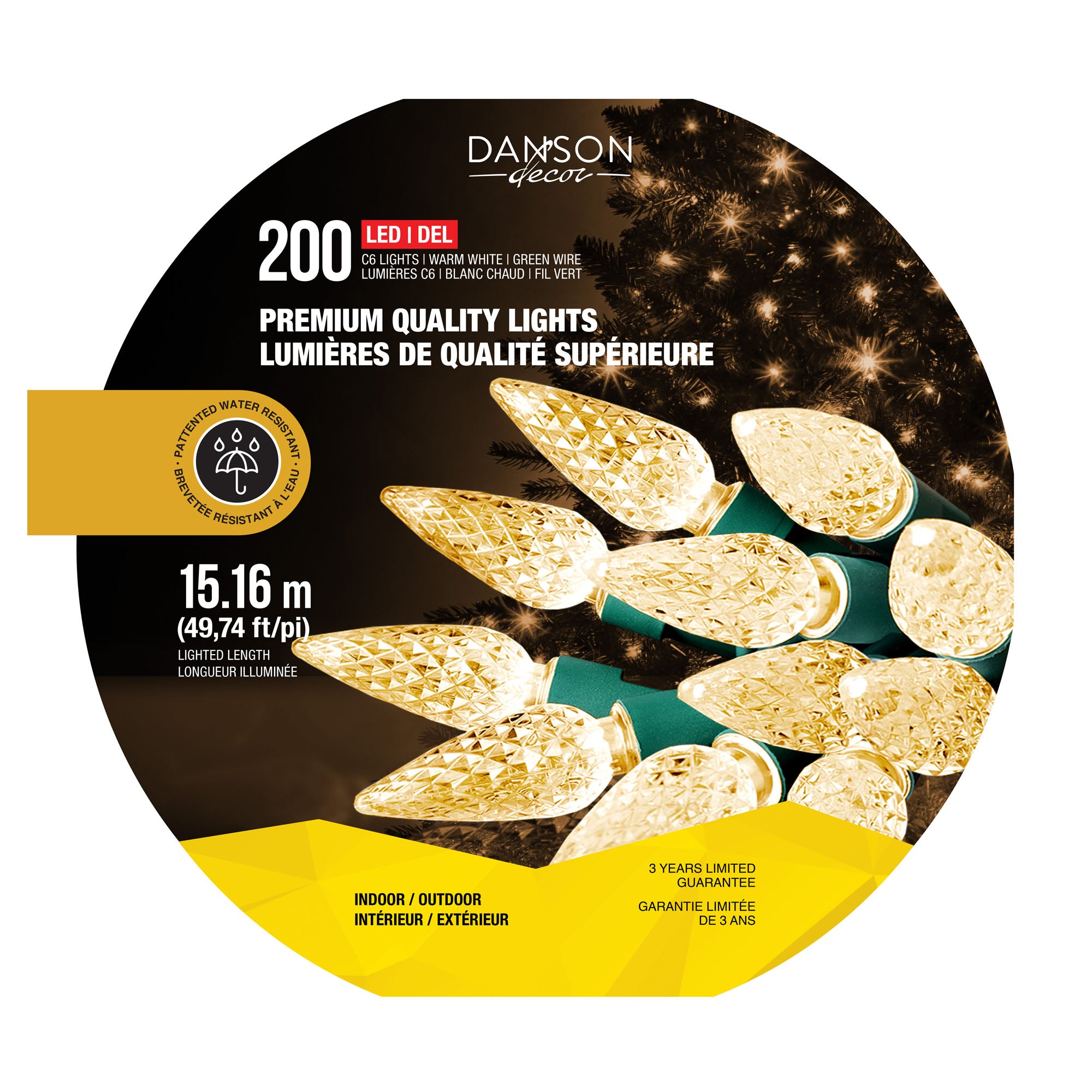 Guirlande de 200 lumières DEL à facette C6 sur fil vert de 49,74' (15,16 m), blanc chaud 