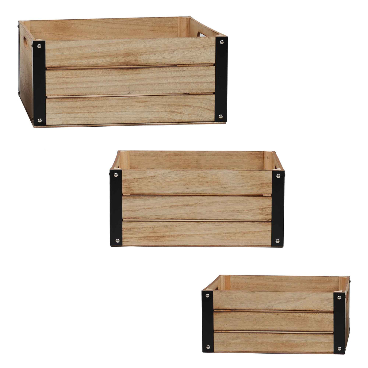 Caisse de rangement en bois naturel avec coins en métal noir, petit