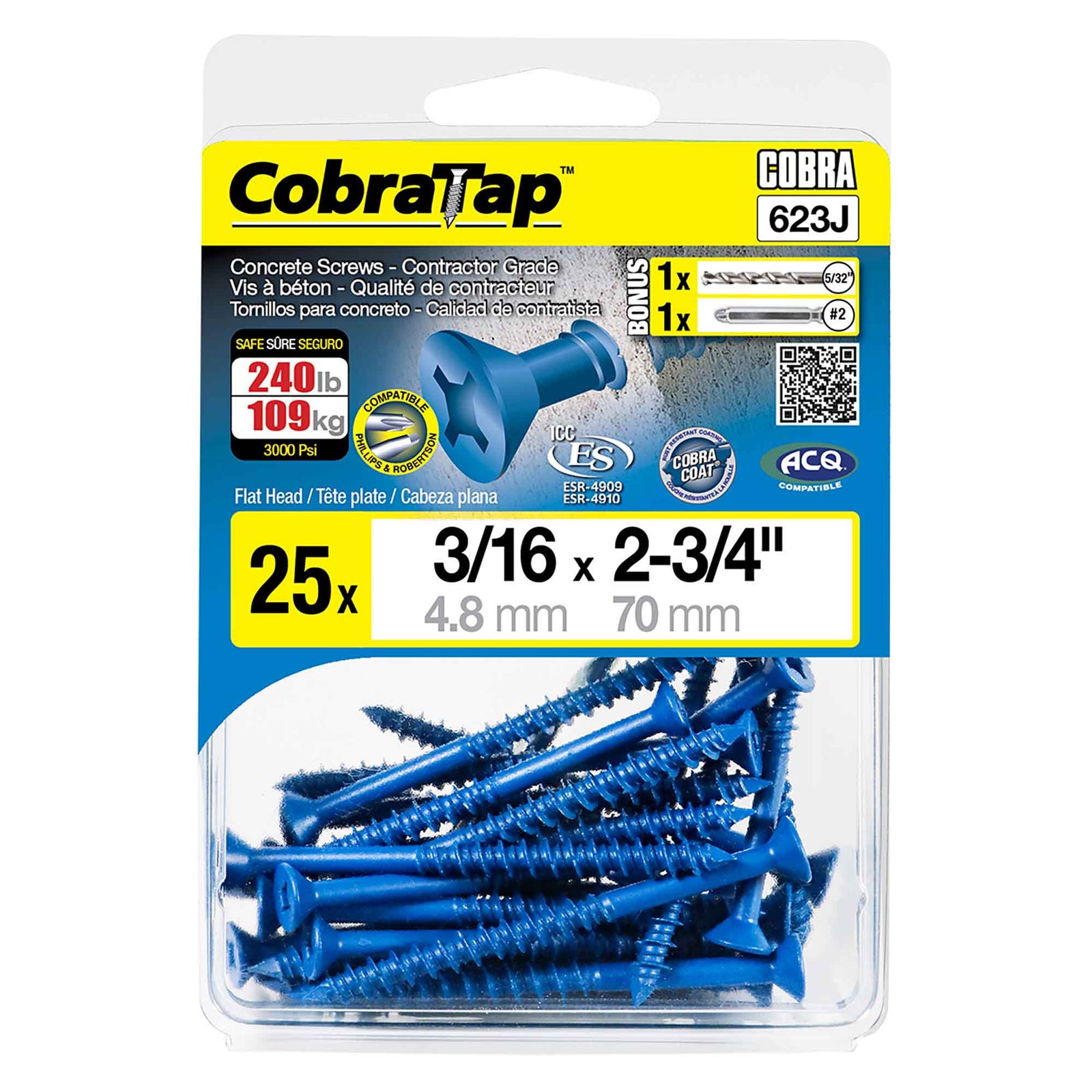 Vis à béton à tête plate CobraTap de 3/16" x 2-3/4", 25 unités