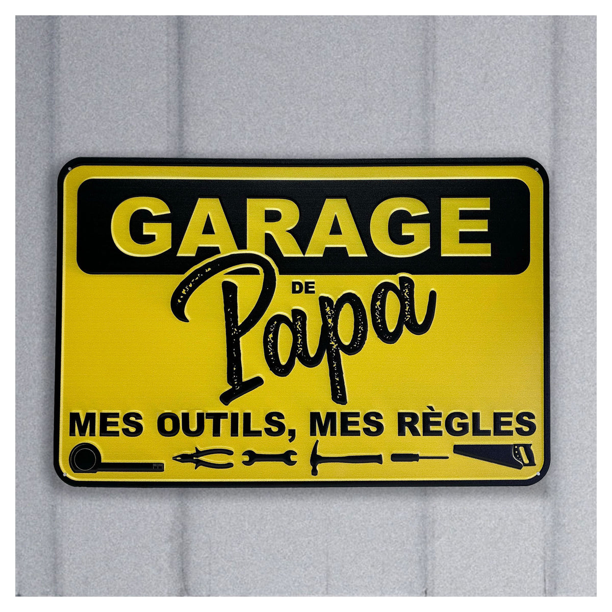 Plaque murale en fer « Garage de Papa Mes Outils Mes Règles », 18" x 12" (jaune)