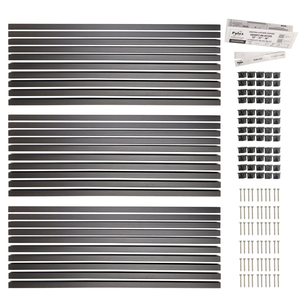 Balustres carrés avec connecteurs en acier noir mat, 36" x 3/4" (30 unités)