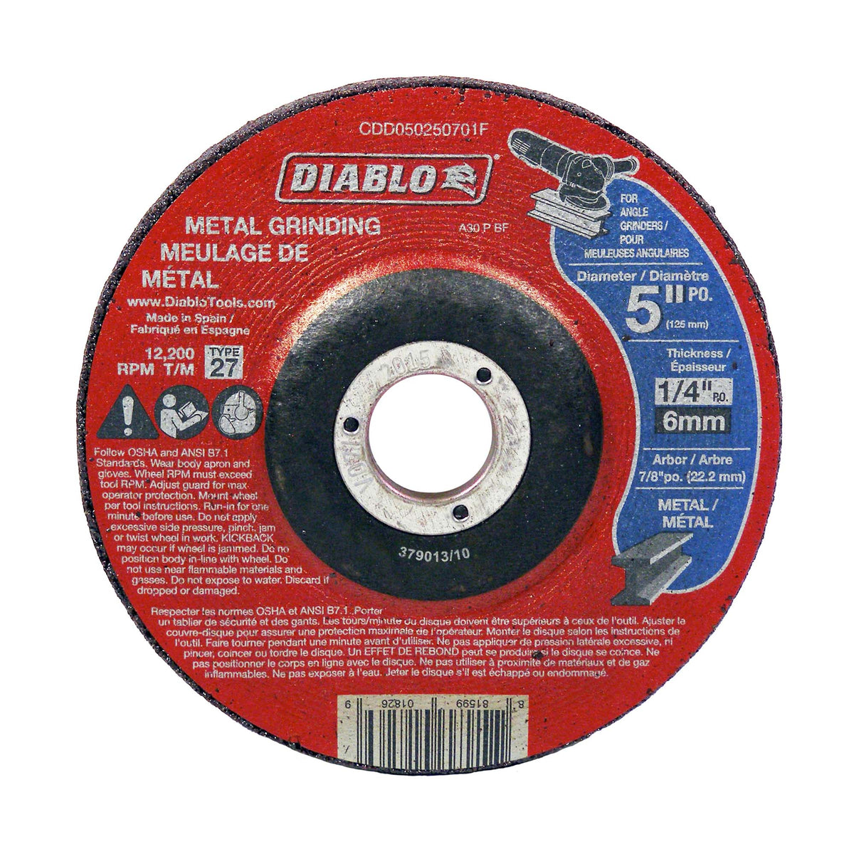 Disque de meulage Diablo pour le métal de 5&quot; x 1/4&quot;, arbre de 7/8&quot;