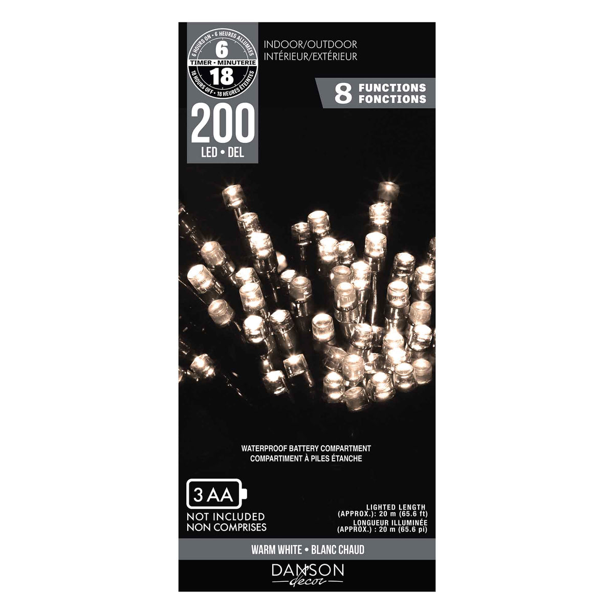 Guirlande de 200 lumières DEL à 8 fonctions de 65,6' (20 m), blanc chaud