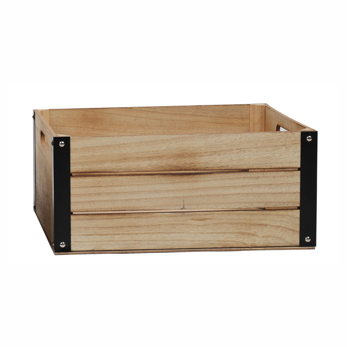 Caisse de rangement en bois naturel avec coins en métal noir, grand