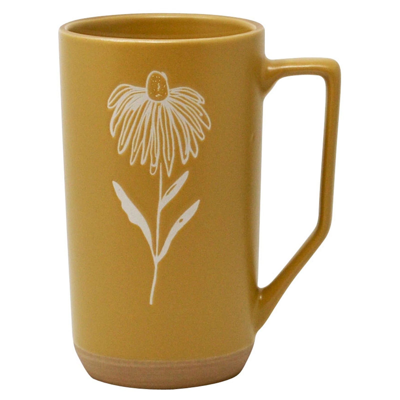 Grande tasse jaune avec avec fleur blanche abstraite, 450 ml