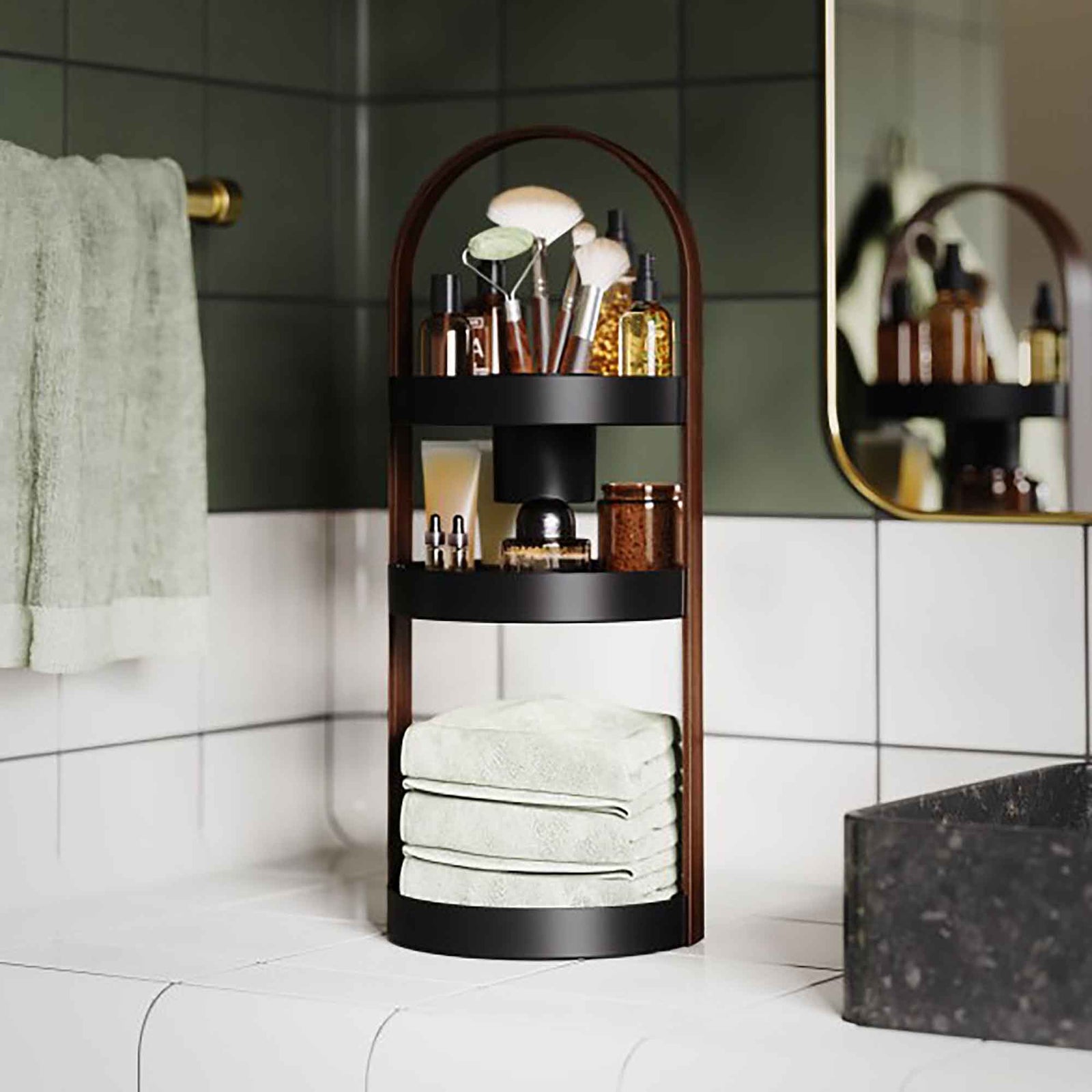 Organisateur de cosmétiques à 3 niveaux Bellwood, noir et noyer