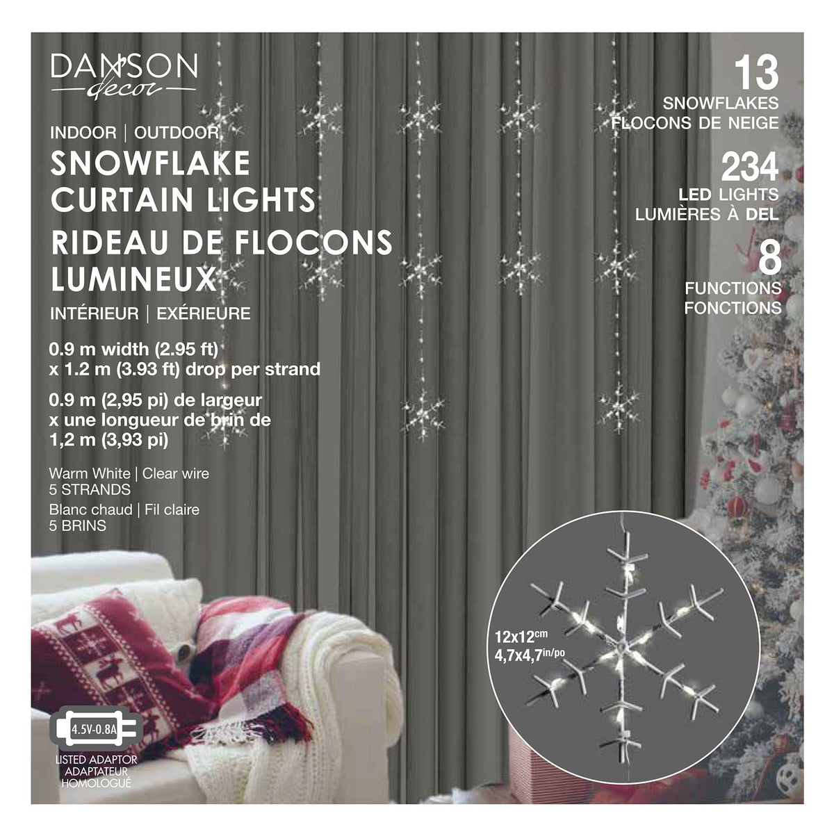 Rideau de flocons lumineux de 234 lumières DEL, 2,95&#39; x 3,93&#39; 