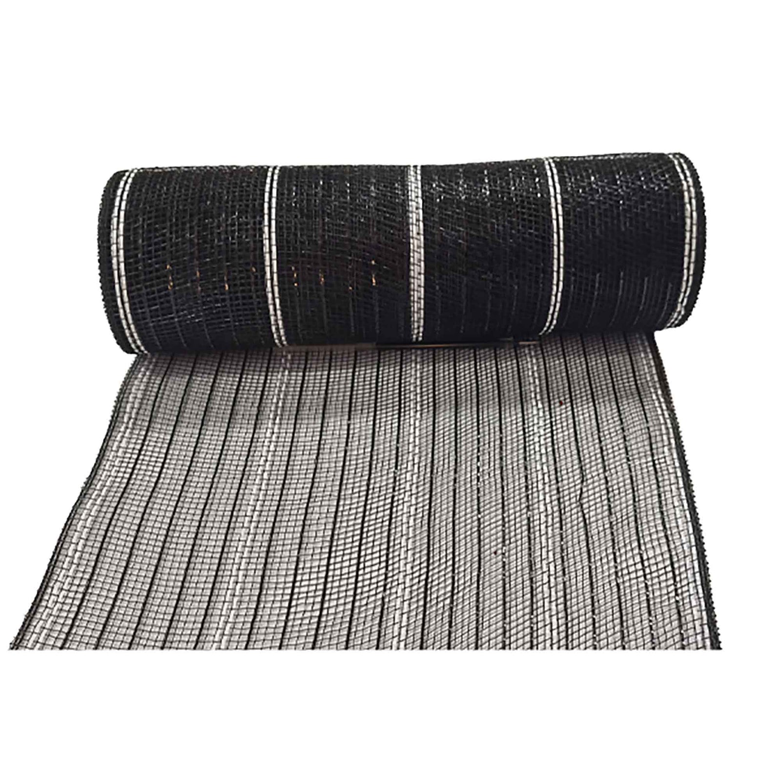 Ruban décoratif ligné en mailles brillantes de 10" x 10 verges, blanc métallisé et noir