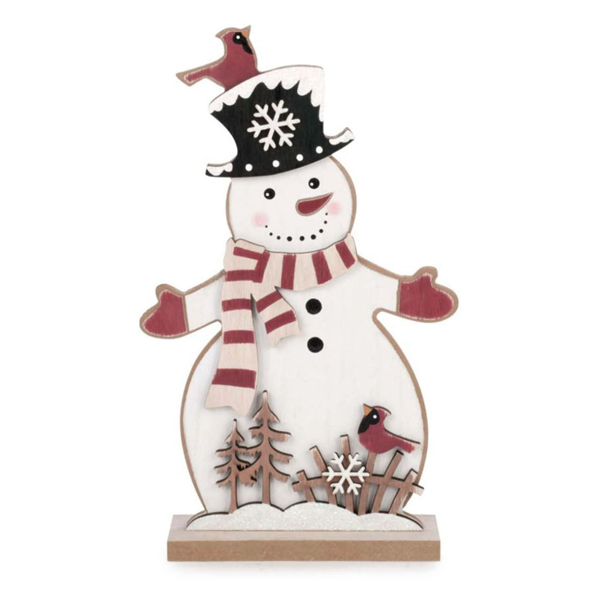 Décoration de bonhomme de neige en bois avec cardinaux, 7,5" x 2" x 12"