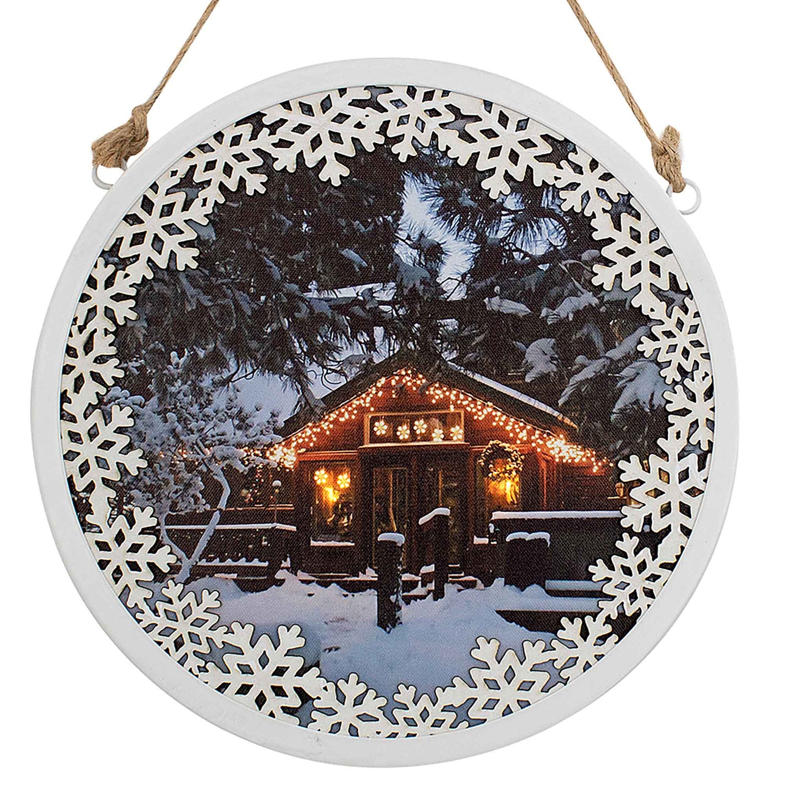 Cadre rond avec chalet en bois et éclairage DEL, 11''